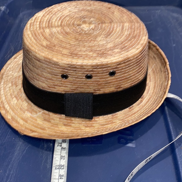 Raffia Baby Fedora Panama Straw Hat black ribbon tan 17” head - Picture 8 of 9